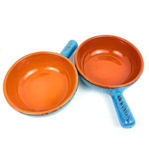 2 Vintage De Silva Terracotta Soup Bowl Baking Oven Dish Handle Italy BlueOrange